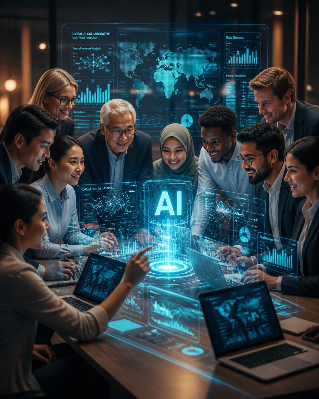 Diverse multiracial team collaborating with AI-powered dashboards and holographic analytics